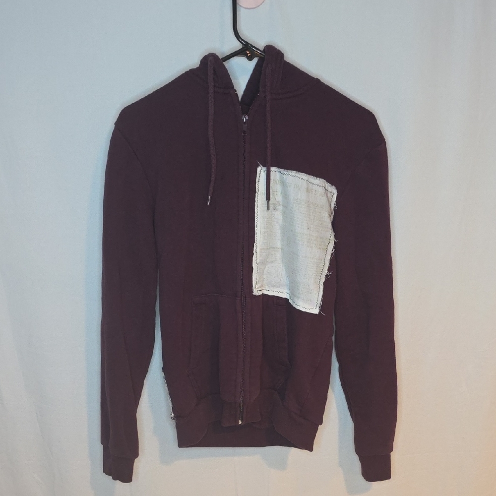 "Spinach Tamales" Divided Men's Burgundy Zip-Up Sweater with Unique Patchwork